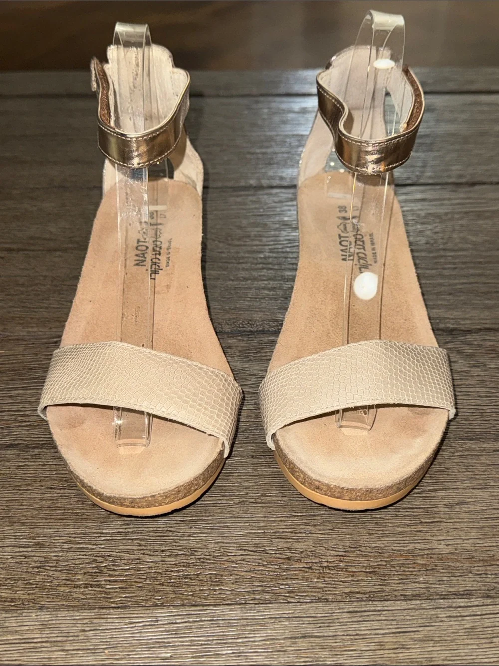 Naot Pixie Wedge Sandal Beige Lizard Silver Threads Rose Gold Leather